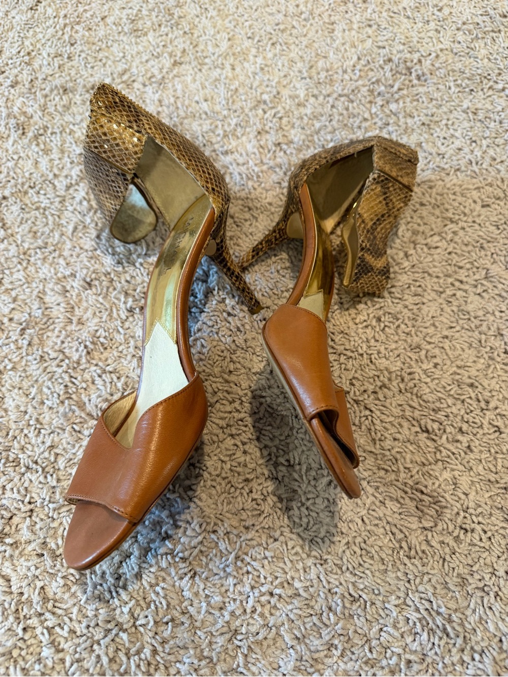 Michael Kors Brown Leather Open-Toe Heels with Snakeskin Platform